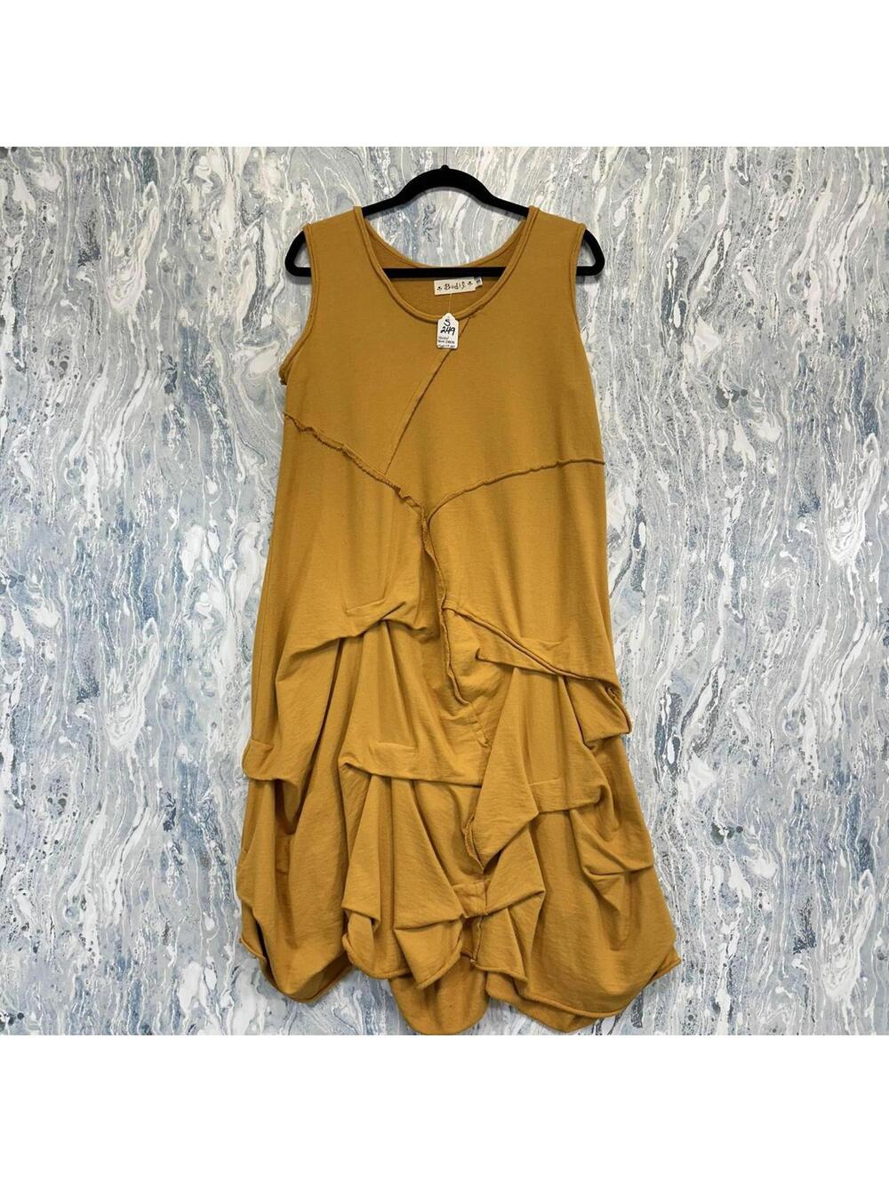 Boho Lagenlook Artsy Bodil Casual Mustard Yellow Ruffle Tank Dress (S)
